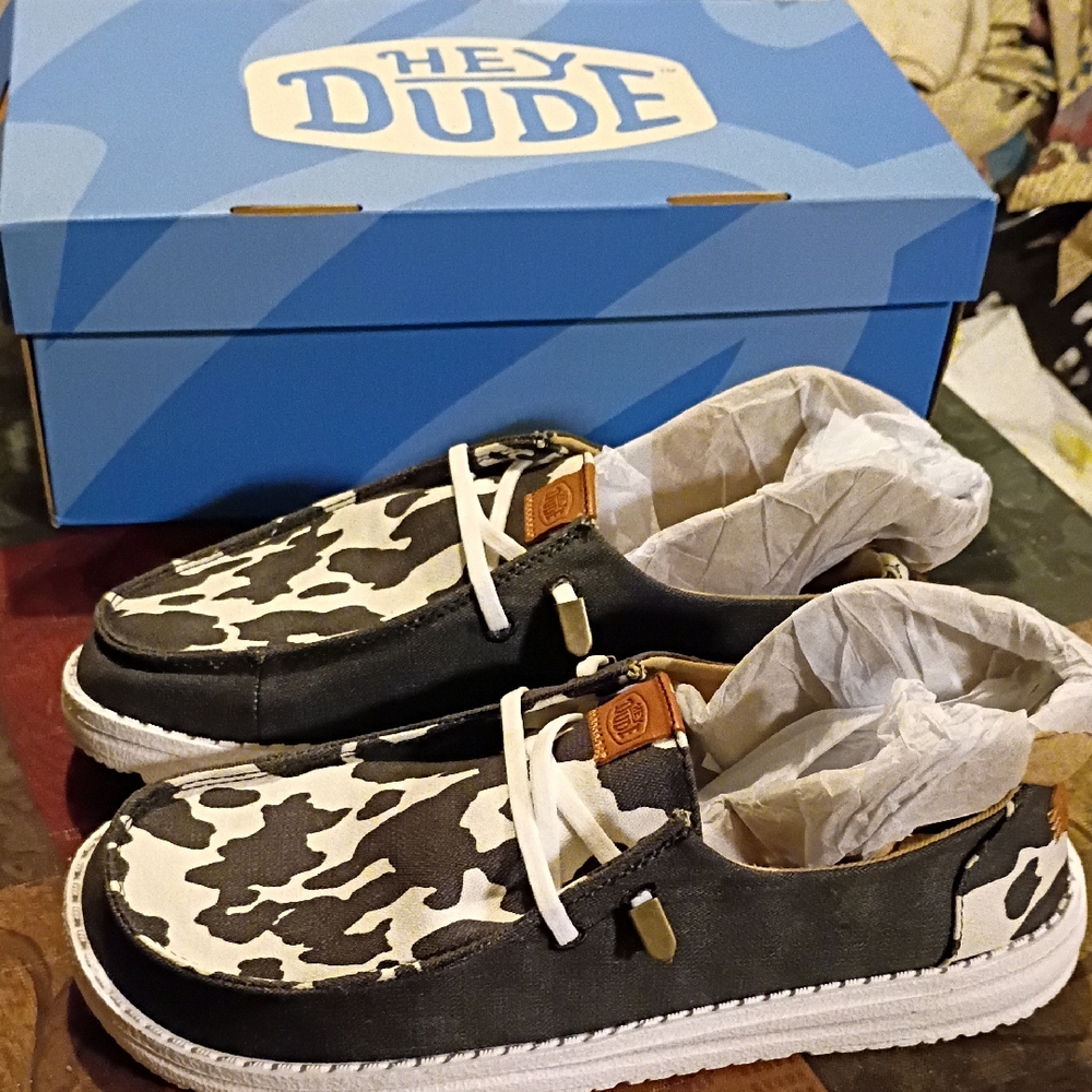 Hey Dude Black and White Cow Print Sneakers